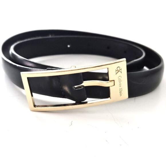 Calvin Klein Skinny Black Hand Glazed Cowhide Leather Belt Womens Medium - Picture 1 of 4